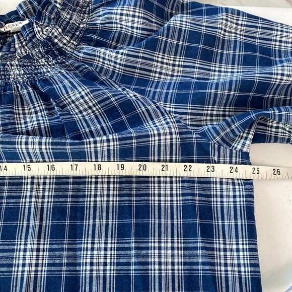 J Crew Plaid Smocked Ruffleneck Top Ansley Blue Wash Ballon 3/4 Sleeve High Neck - Picture 11 of 16